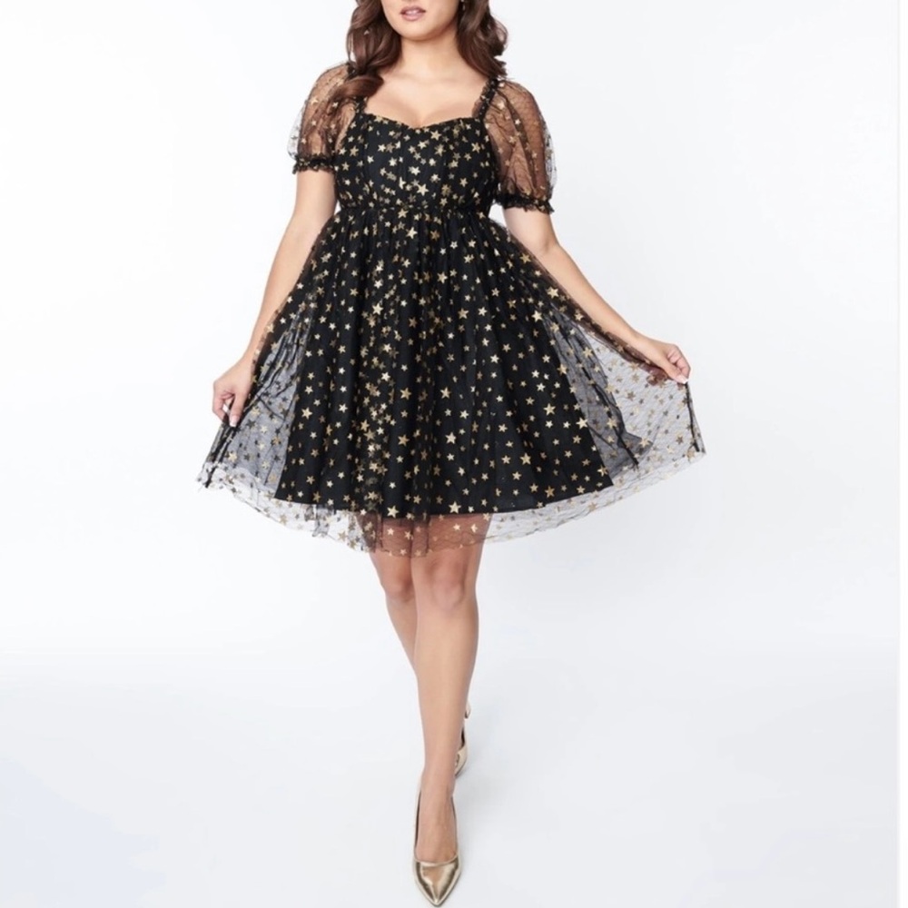 Unique Vintage gold star babydoll dress tulle mesh retro black sheer 18 2X